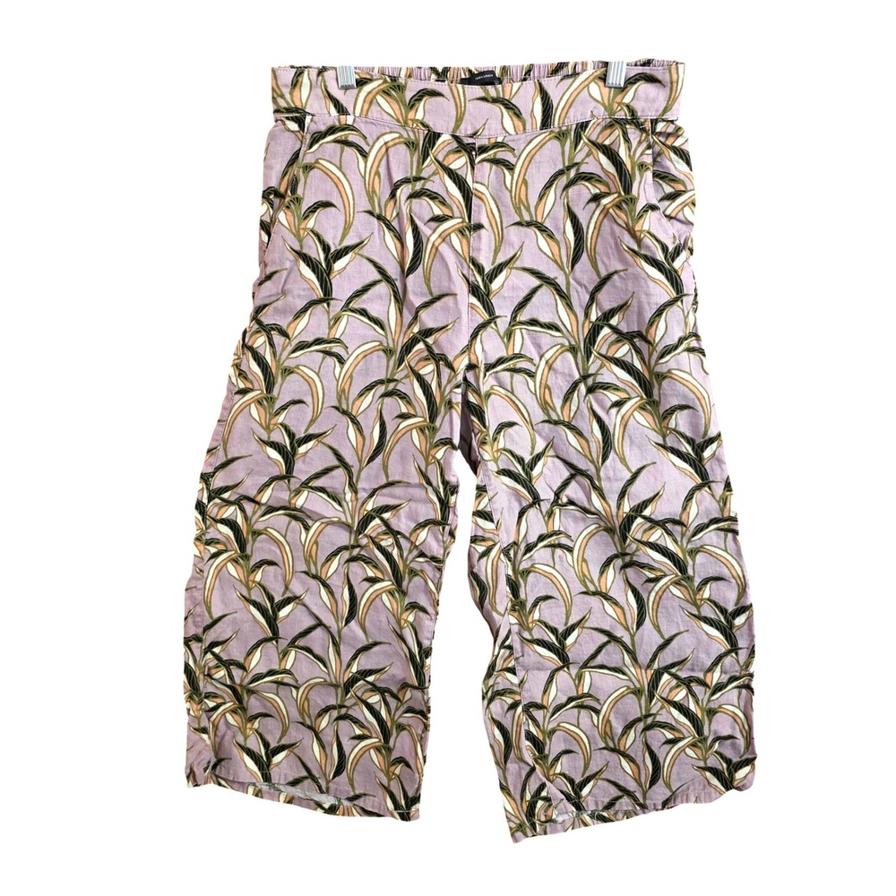 Tahari Womens Large Pink Botanical Leaf Print 100% Linen Wide Leg Cropped Pants